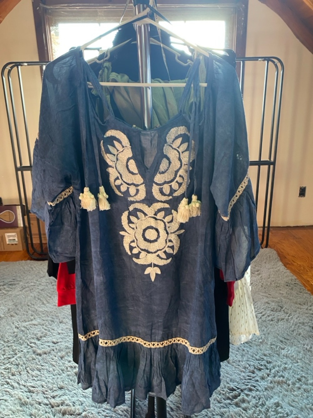 Boho Embroidered Navy Peasant Tunic Top